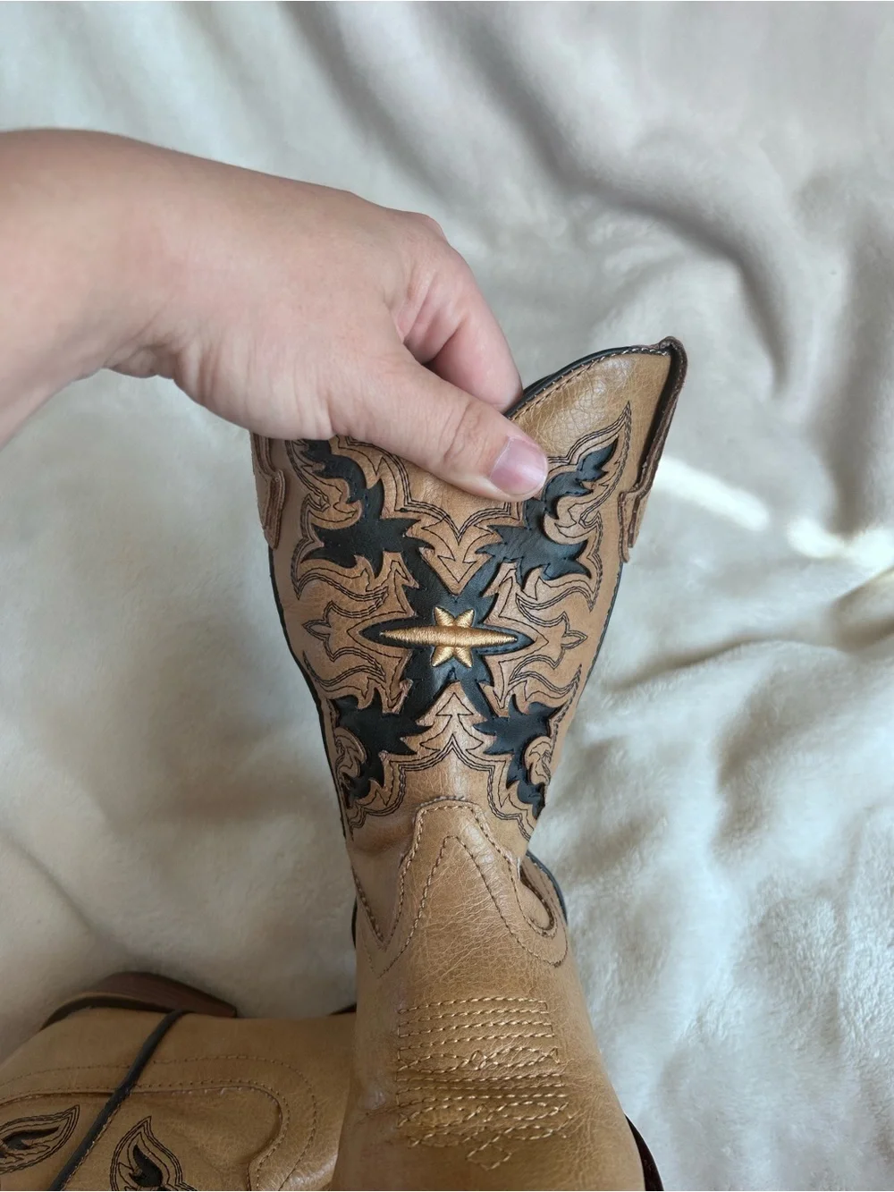 Roper Kids’ Amos Western Tan Faux Leather Western Cowboy Boots with Black Inlay